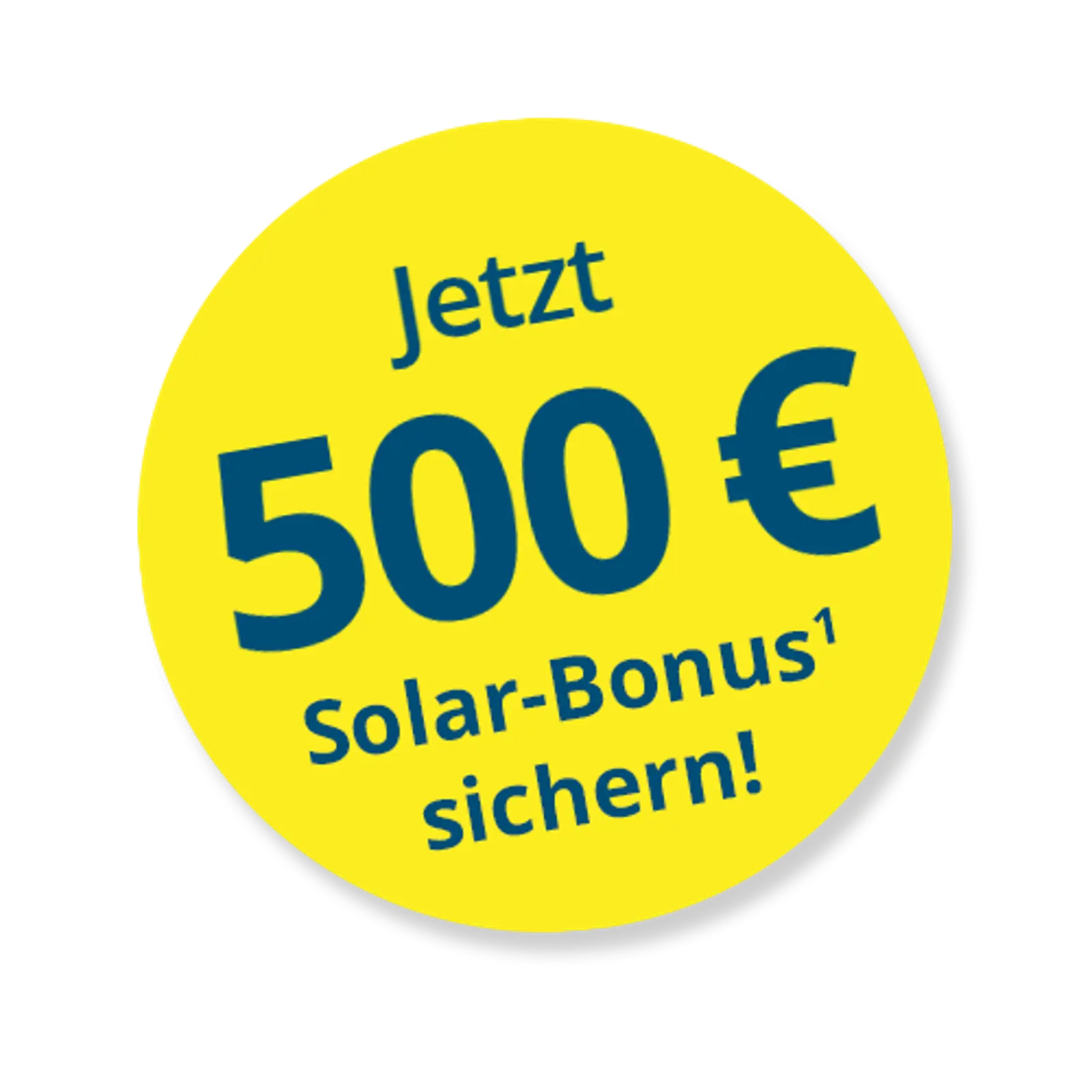Gelber Kreis mit blauer Schrift über einen Bonus in Höhe von 500 Euro beim Kauf einer Solaranlage