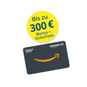 Ein gelber Störer mit blauer Schrift kombiniert mit einer Abbildung eines Amazon.de-Gutscheins Bild mit KI erstellt.