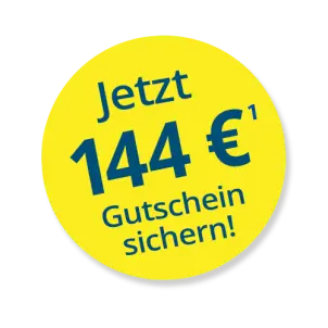 Runder gelber Störer mit der dunkelblauen Aufschrift: Jetzt 144 € Gutschein sichern!