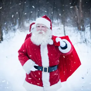 Bärtiger Nikolaus trägt einen Sack Geschenke durch einen verschneiten Wald.