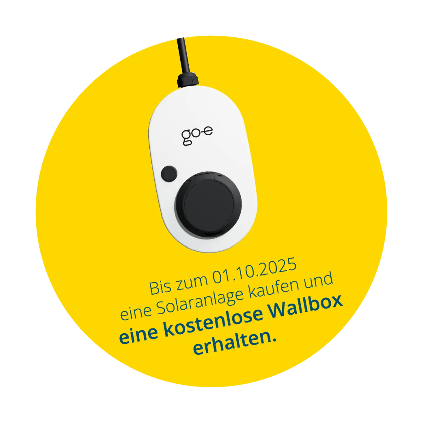Gelber Kreis mit einem Bild einer Wallbox und blauer Schrift