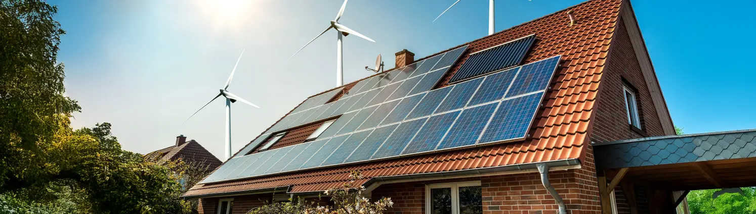 Haus mit Solarpanelen auf dem Dach und Windrädern im Hintergrund