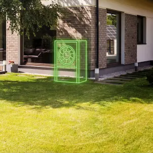 Garten mit digital eingefügter, grün leuchtender Wärmepumpe