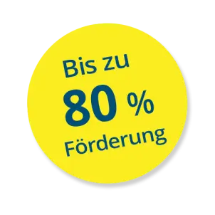 Gelber runder Störer: Bis zu 80 Prozent Förderung. Bild mit KI erstellt.