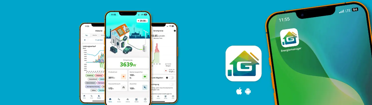 Vier Smartphones welche die HEMS App darstellen Bild mit KI erstellt.