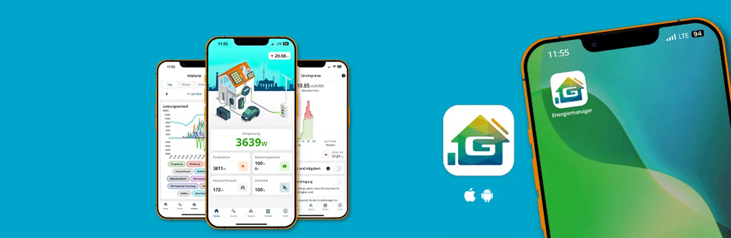 Vier Smartphones welche die HEMS App darstellen