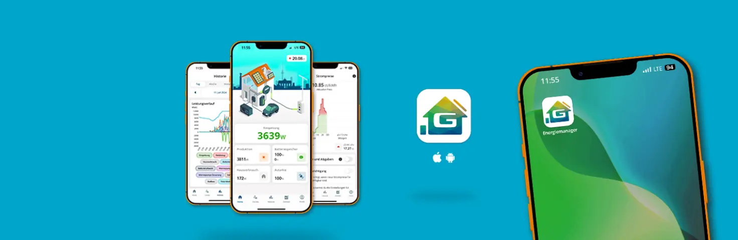 Vier Smartphones welche die HEMS App darstellen