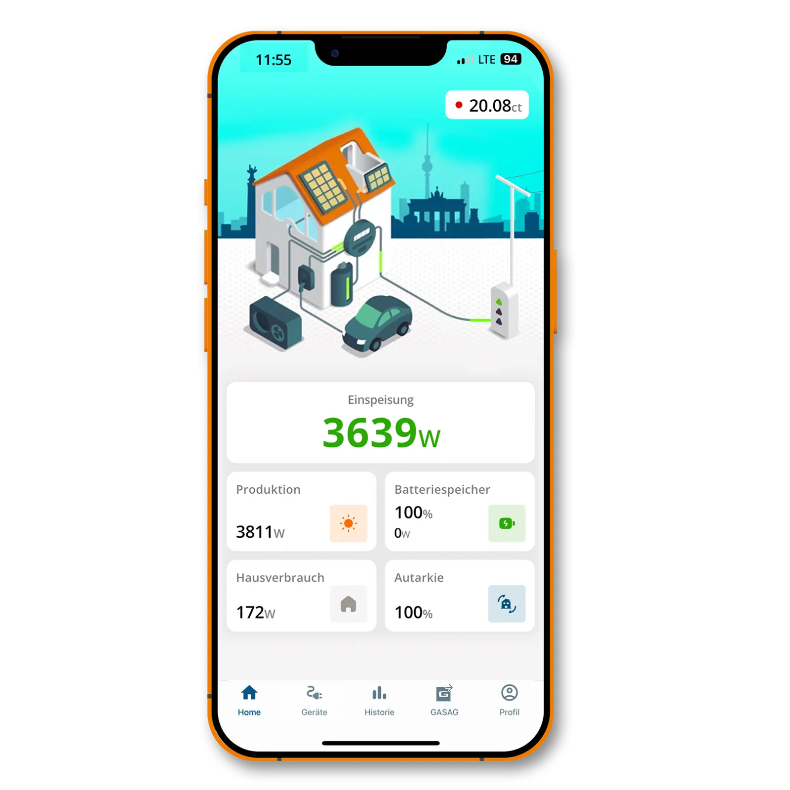 Smartphone mit Bildschirmhintergrund aus der Energiemanager App