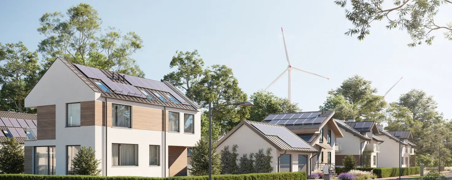 Nachbarschaft mit mehreren Häusern mit PV Anlagen