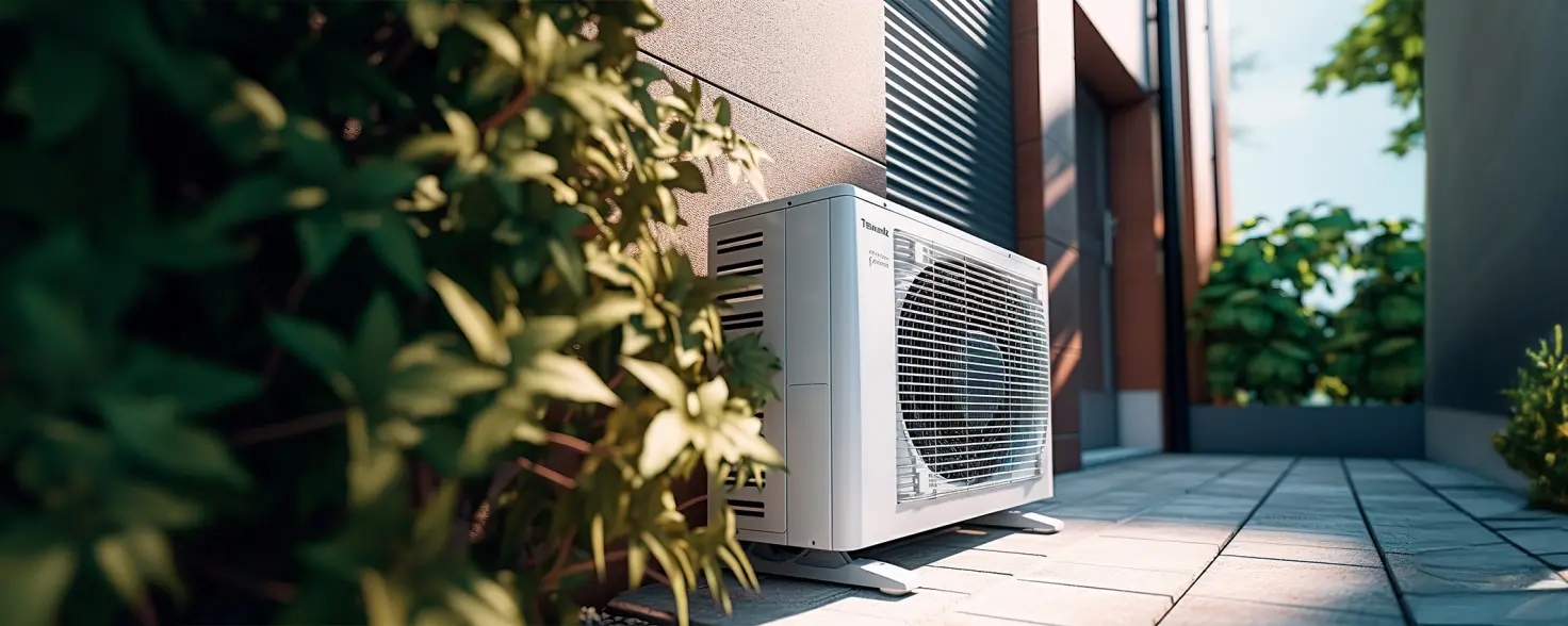 Eine Wärmepumpe vor einem Haus in der Sonne