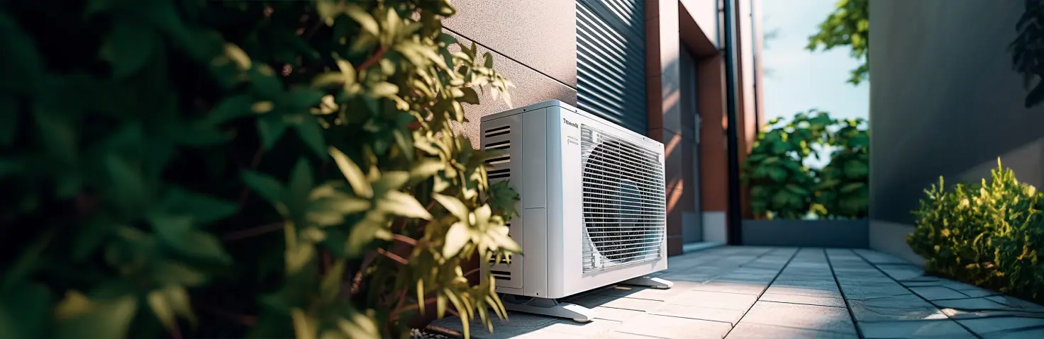 Eine Wärmepumpe vor einem Haus in der Sonne Bild mit KI erstellt.