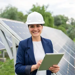 Frau mit weißem Helm und Tablet vor Solarmodulen in der Natur