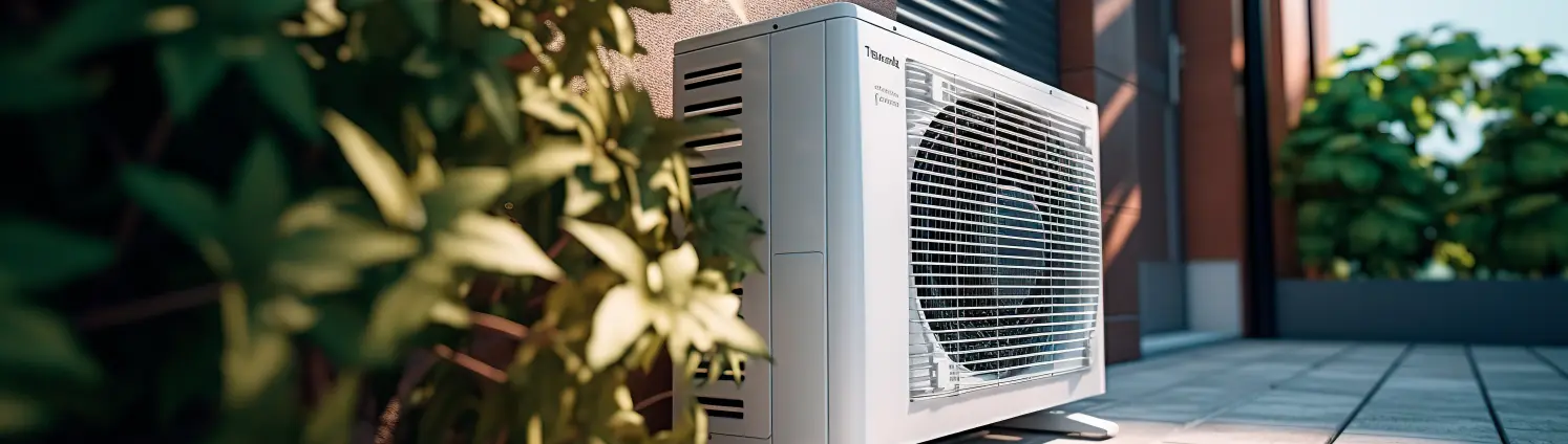 Wärmepumpe vor einem Haus in der Sonne.