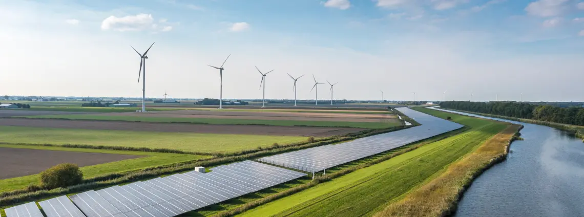 Solarpanele stehen auf einem Feld an einem Fluss. Im Hintergrund sind Windräder vor blauem Himmel zu sehen.