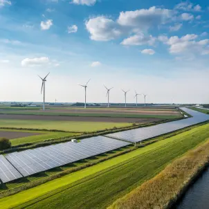 Solarpanele stehen auf einem Feld an einem Fluss. Im Hintergrund sind Windräder vor blauem Himmel zu sehen.
