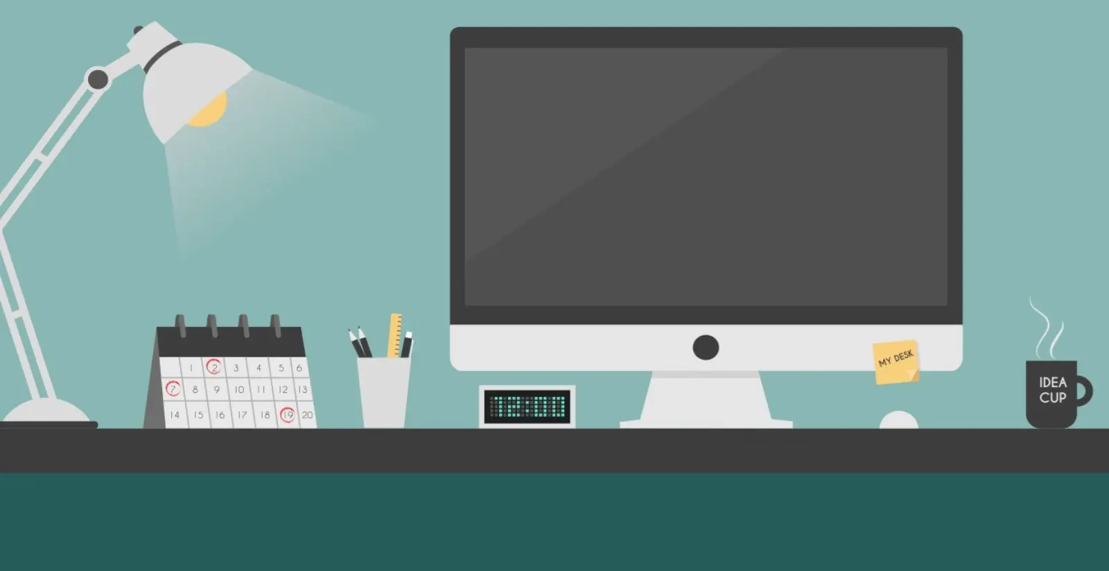 Ein ordentlich organisierter Arbeitsplatz mit einem großen Computermonitor, Tastatur, Maus und Lampe auf einem Schreibtisch