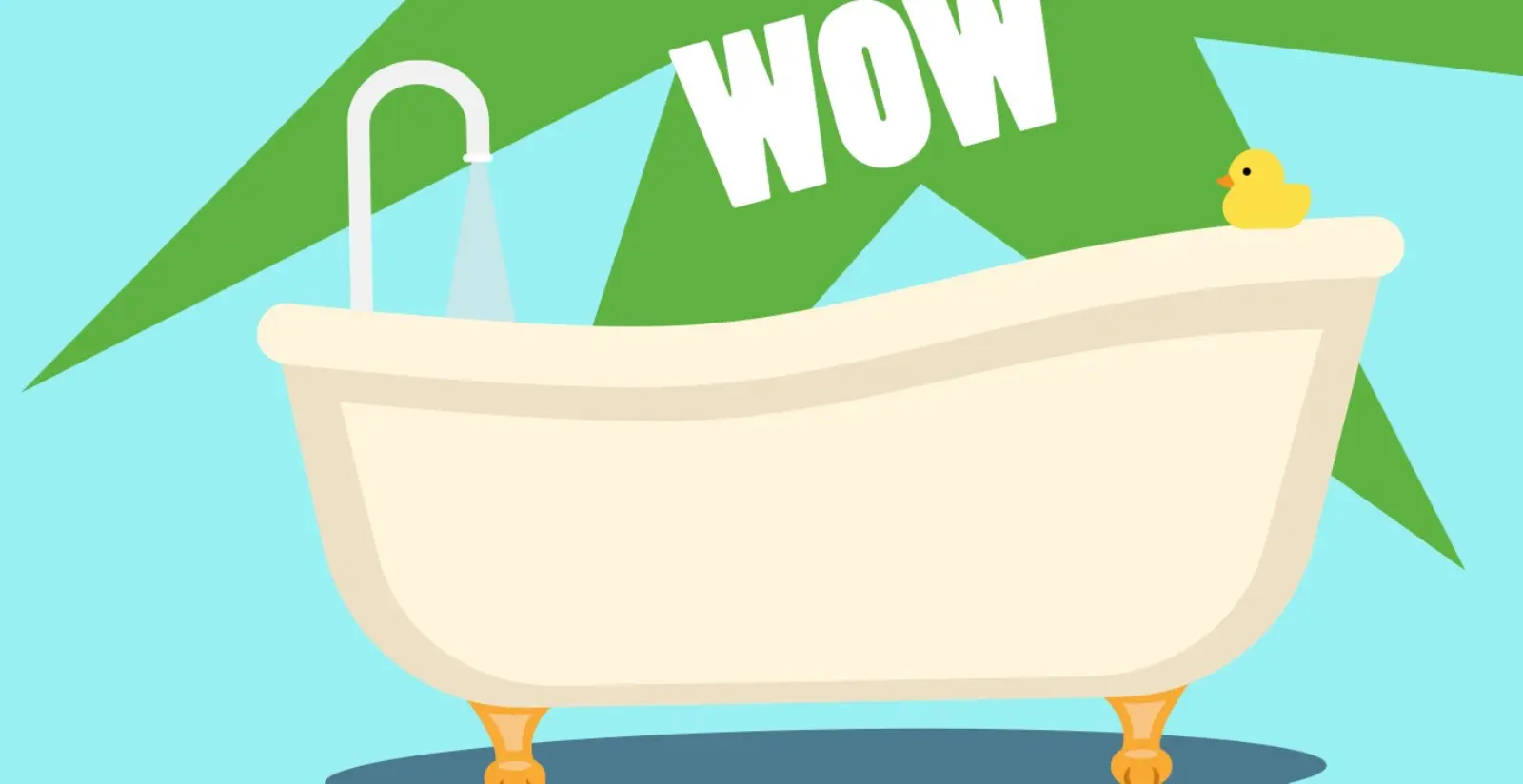 Eine weiße Badewanne mit Wasserhahn, aus dem Wasser fließt. Auf dem Wannenrand sitzt eine gelbe Gummiente.