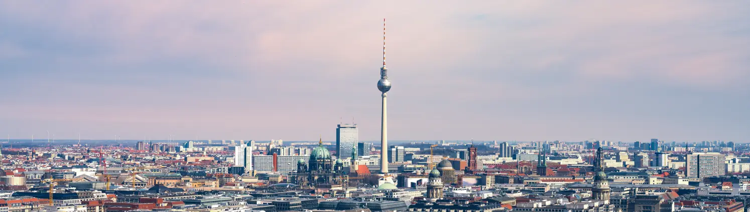 Skyline von Berlin mit Fernsehturm vor rosa Himmel