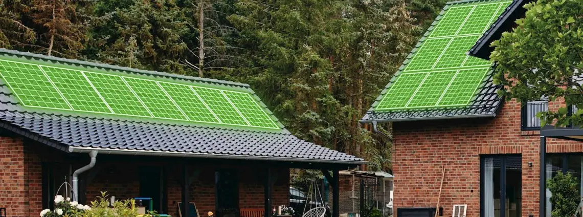 Zwei Häuser die beide eine Solaranlage auf dem Dach haben, welche grün eingefärbt ist.