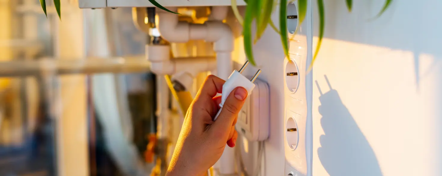 Eine Person steckt ein Ladekabel in eine Steckdose